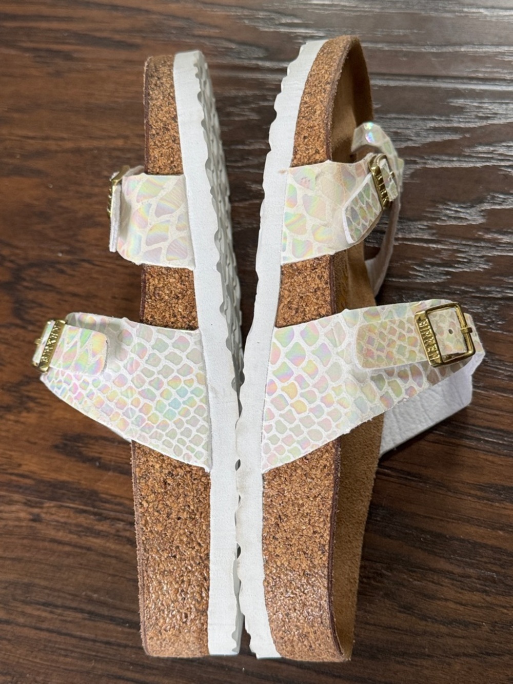 Birkenstock Iridescent White Multi-Print Sandals with Gold Buckles, Like New - Picture 12 of 14